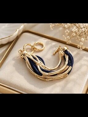 Navy Blue And Cream  And Gold Color Bracelet
